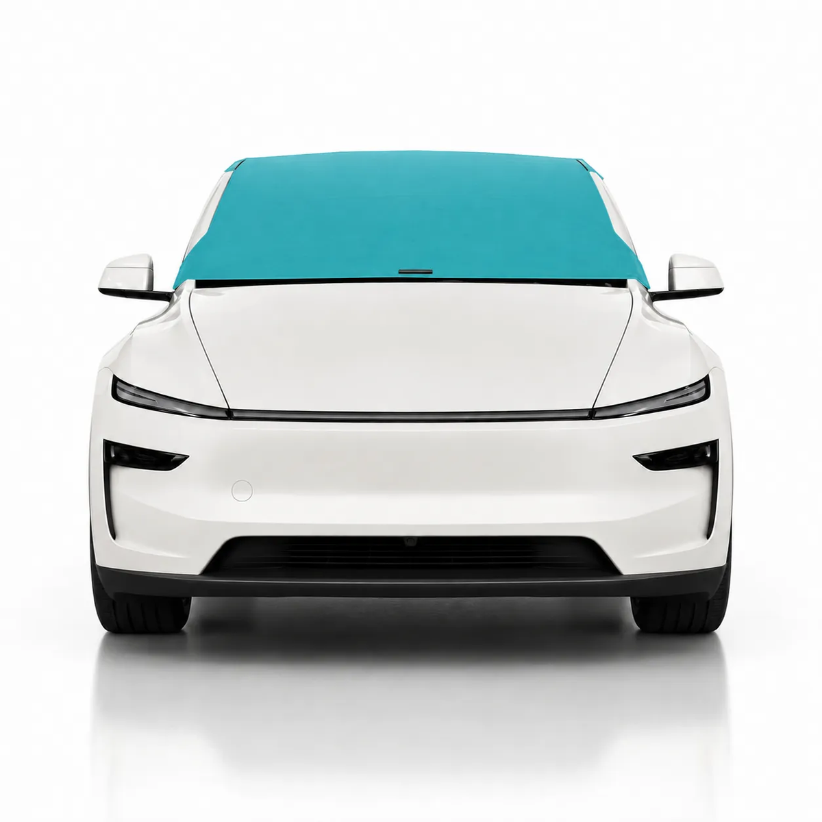 Front view of white Tesla Model Y with teal solid color Solar Shield on windshield | Spider Web Shade