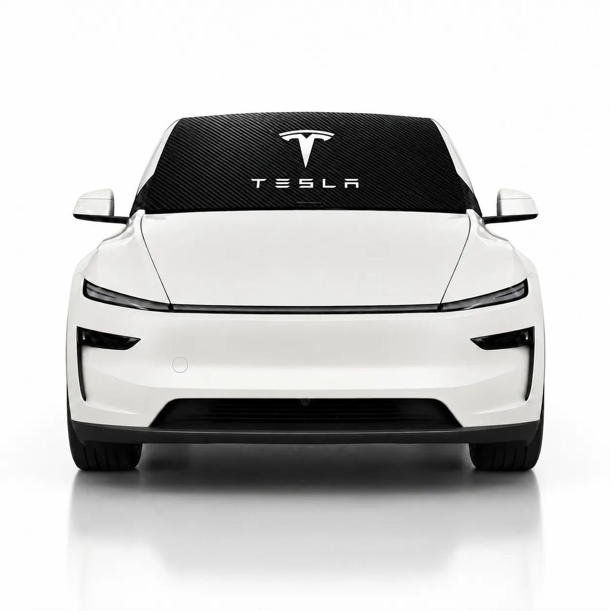 Front view of white Tesla Model Y with Tesla Carbon Edition print (black carbon pattern with Tesla logo and wordmark) Solar Shield on windshield | Spider Web Shade