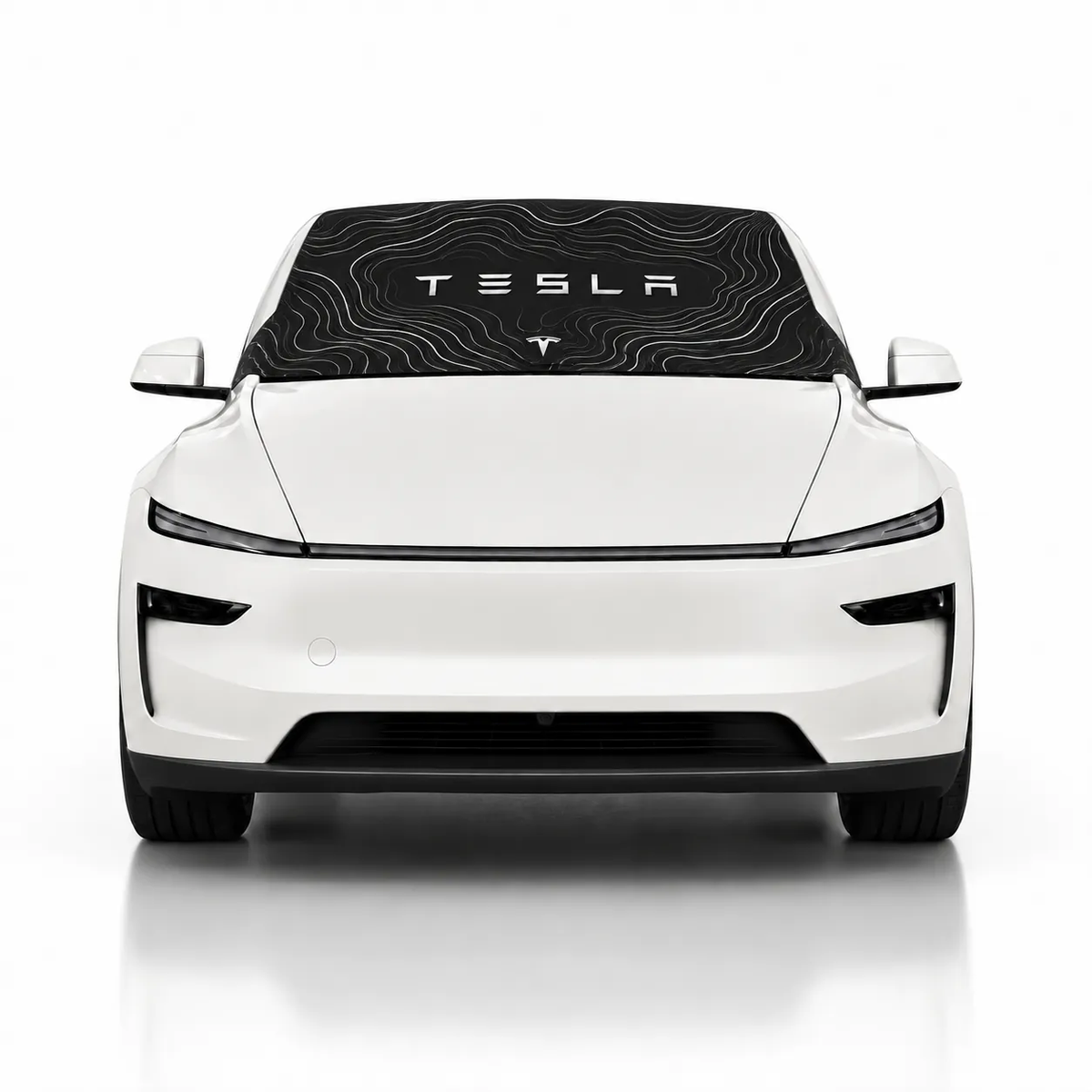Front view of white Tesla Model Y with Tesla Topo Edition print (black topographic pattern with Tesla wordmark) Solar Shield on windshield | Spider Web Shade