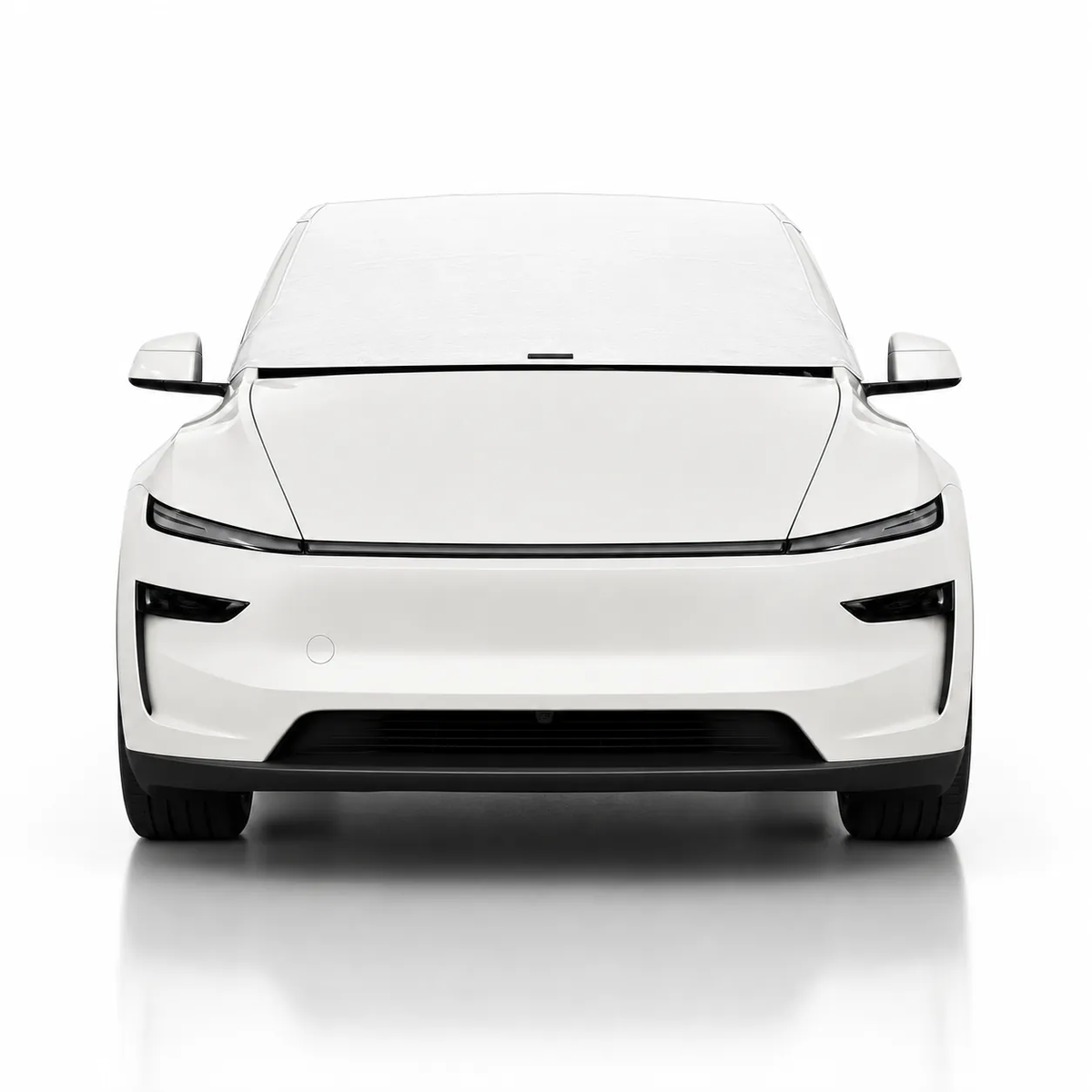 Front view of white Tesla Model Y with white solid color Solar Shield on windshield | Spider Web Shade
