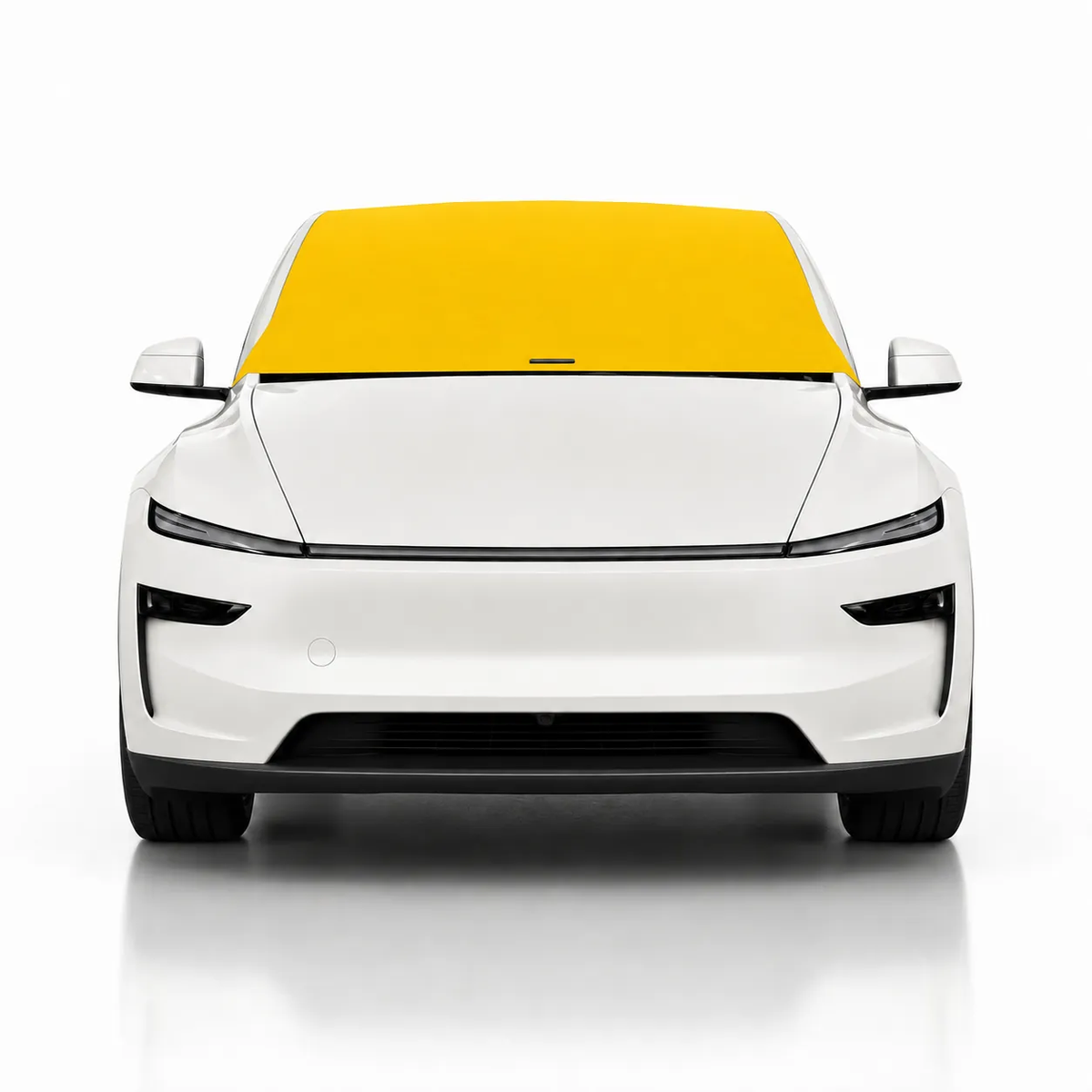 Front view of white Tesla Model Y with yellow solid color Solar Shield on windshield | Spider Web Shade