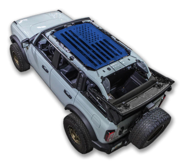 SPIDERWEBSHADE Ford Bronco Tactical Flag mesh sun shade – Distressed, 4-Door, Blue