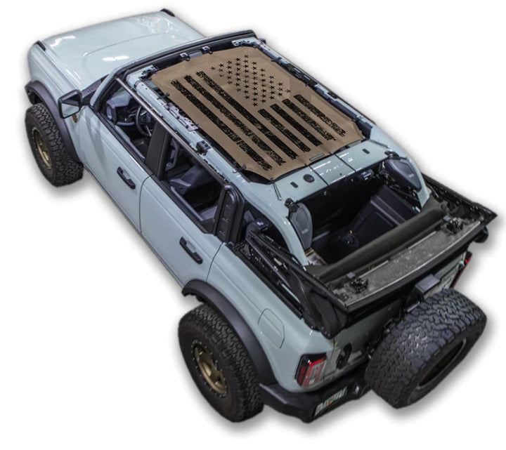 SPIDERWEBSHADE Ford Bronco Tactical Flag mesh sun shade – Distressed, 4-Door, Tan