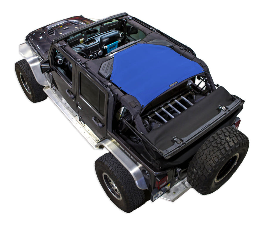 Black Rubicon JK four door Jeep with blue SPIDERWEBSHADE shade on top that only covers rear passenger seats from the sound bar to the back cross member of the roll cage.