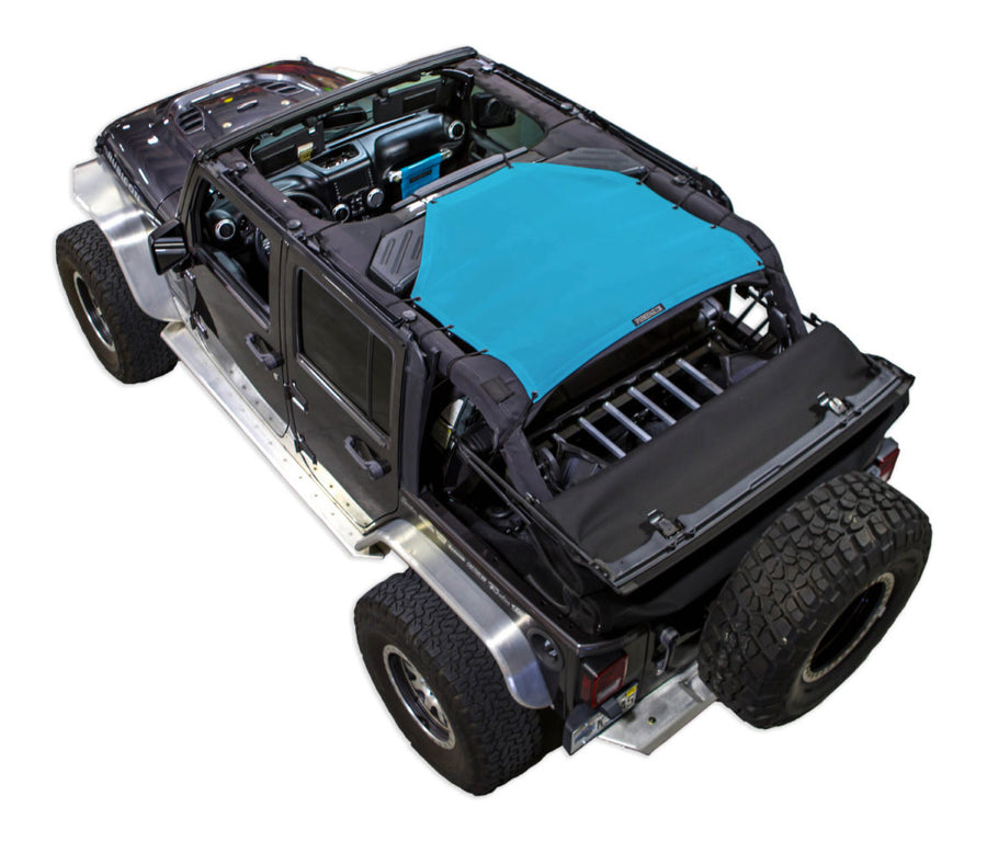 Black Rubicon JK four door Jeep with teal SPIDERWEBSHADE shade on top that only covers rear passenger seats from the sound bar to the back cross member of the roll cage.