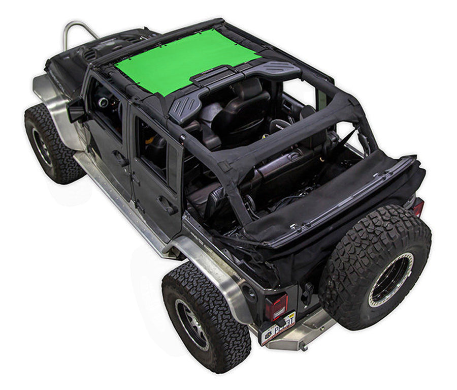 Black Rubicon JK four door Jeep with green SPIDERWEBSHADE shade on top that only covers front seat riders from windshield frame extending to the rear to the sound bar. 