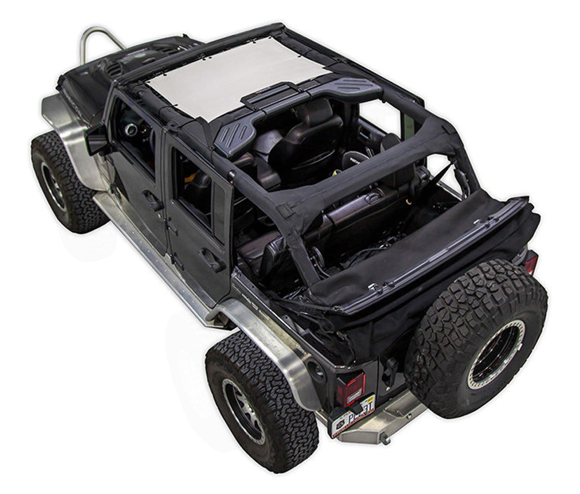 Black Rubicon JK four door Jeep with white SPIDERWEBSHADE shade on top that only covers front seat riders from windshield frame extending to the rear to the sound bar.