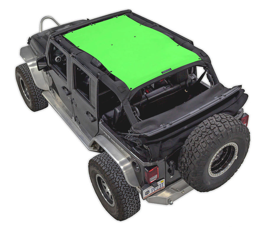 Black Rubicon JK four door Jeep with green SPIDERWEBSHADE shade on top that covers front and rear passenger seats. 