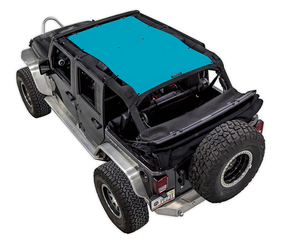 Black Rubicon JK four door Jeep with teal SPIDERWEBSHADE shade on top that covers front and rear passenger seats. 