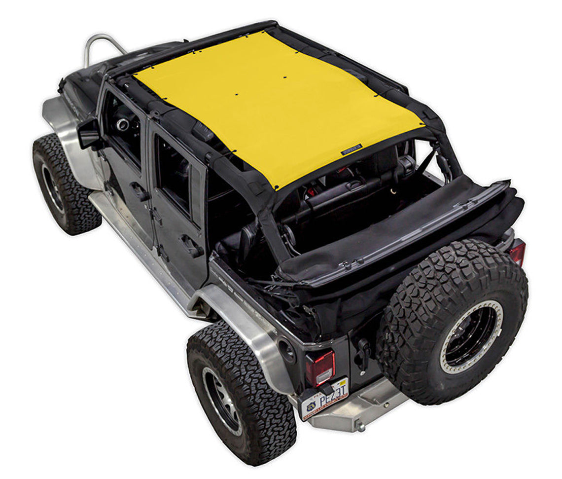 Black Rubicon JK four door Jeep with yellow SPIDERWEBSHADE shade on top that covers front and rear passenger seats.