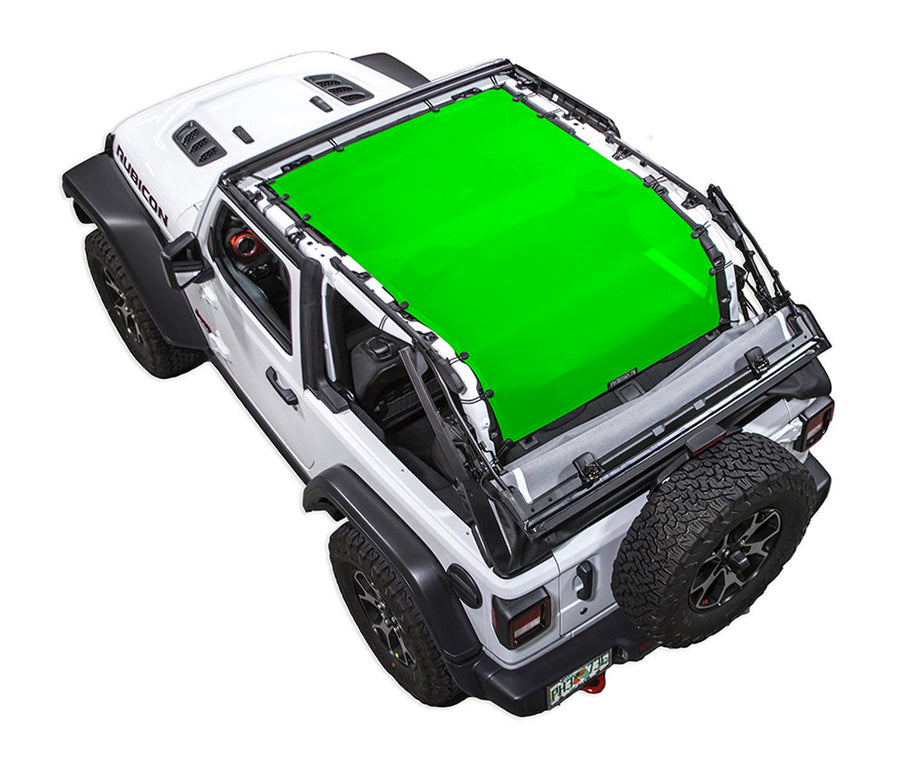 White Rubicon JL two door Jeep with green SPIDERWEBSHADE shade on top that covers entire roof of jeep and extends to roll cage /tailgate/ cargo area.