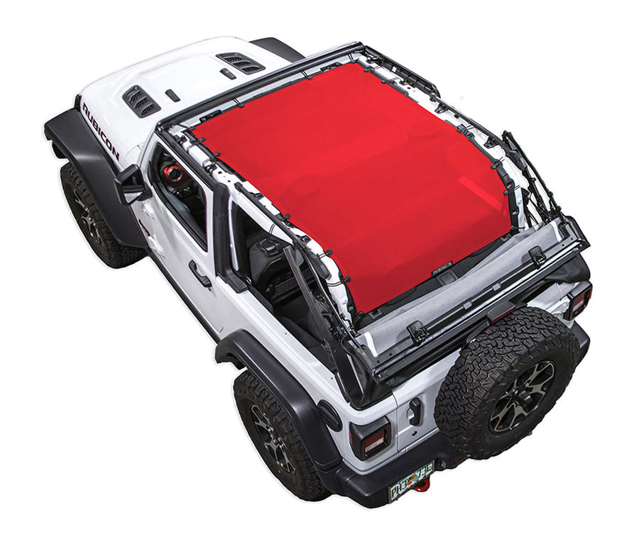 White Rubicon JL two door Jeep with red SPIDERWEBSHADE shade on top that covers entire roof of jeep and extends to roll cage /tailgate/ cargo area.
