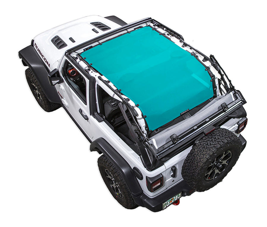 White Rubicon JL two door Jeep with teal SPIDERWEBSHADE shade on top that covers entire roof of jeep and extends to roll cage /tailgate/ cargo area.