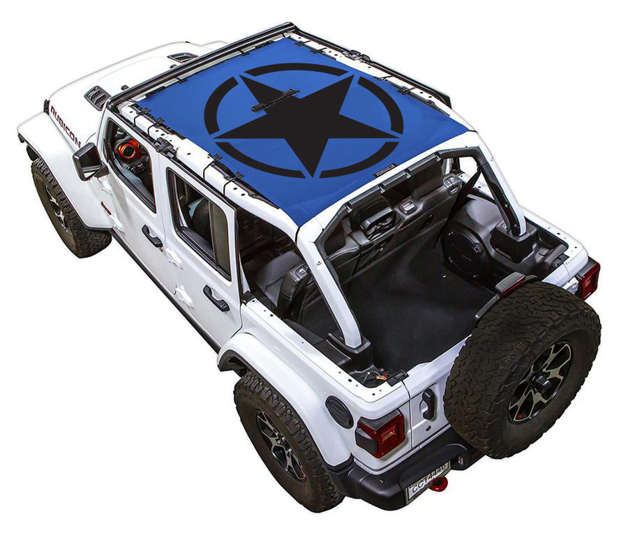 White Rubicon JL four door Jeep with Solid Oscar Mike blue SPIDERWEBSHADE shade on top that covers front and rear passenger seats.