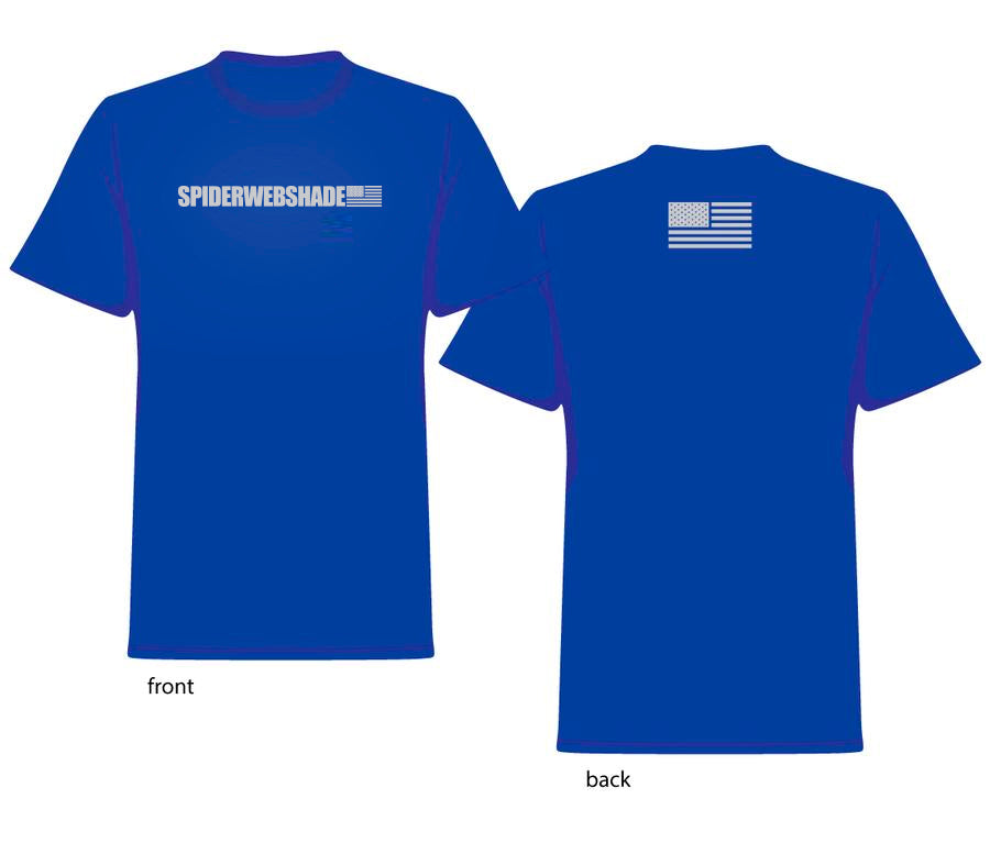 Blue Tee shirt with Spiderwebshade logo across chest in Grey with an American Flag on back of shirt in grey
