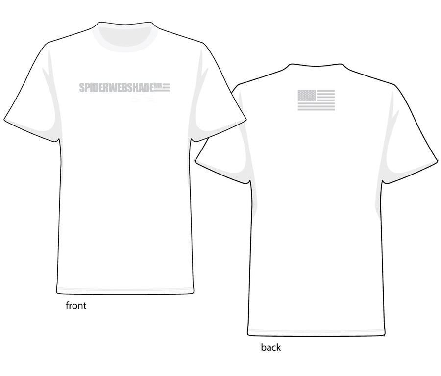 Whtie Tee shirt with Spiderwebshade logo across chest in Grey with an American Flag on back of shirt in grey