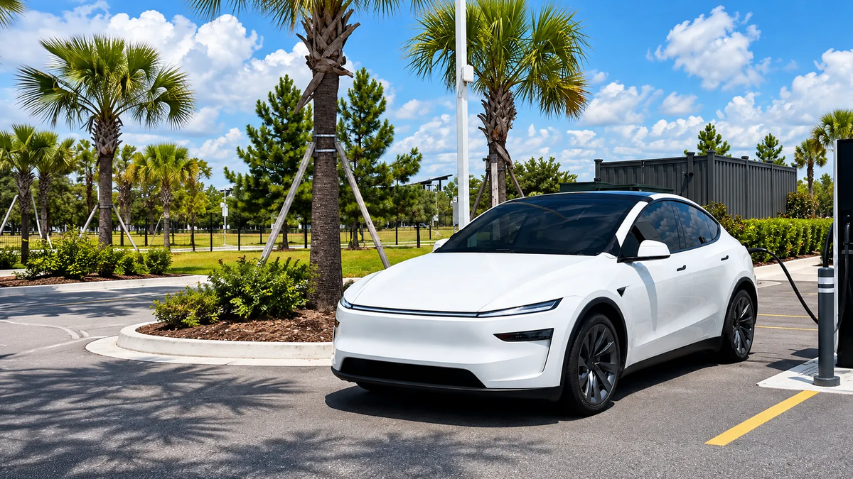 White Tesla Model Y parked at charging station | Spider Web Shade