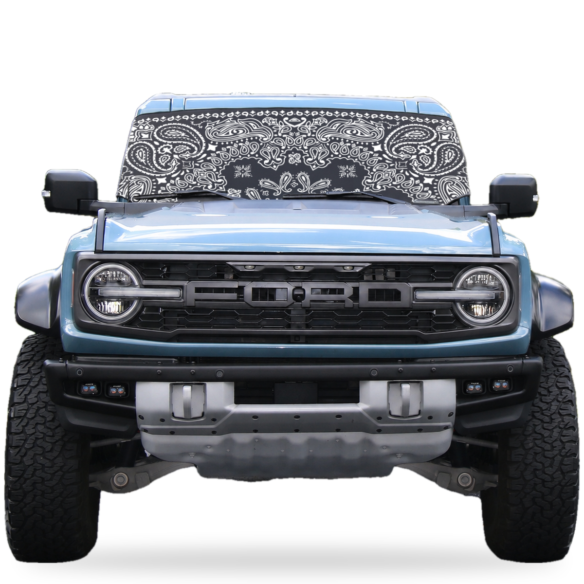 Ford Bronco front view with black bandana print Solar Shield on windshield | Spider Web Shade