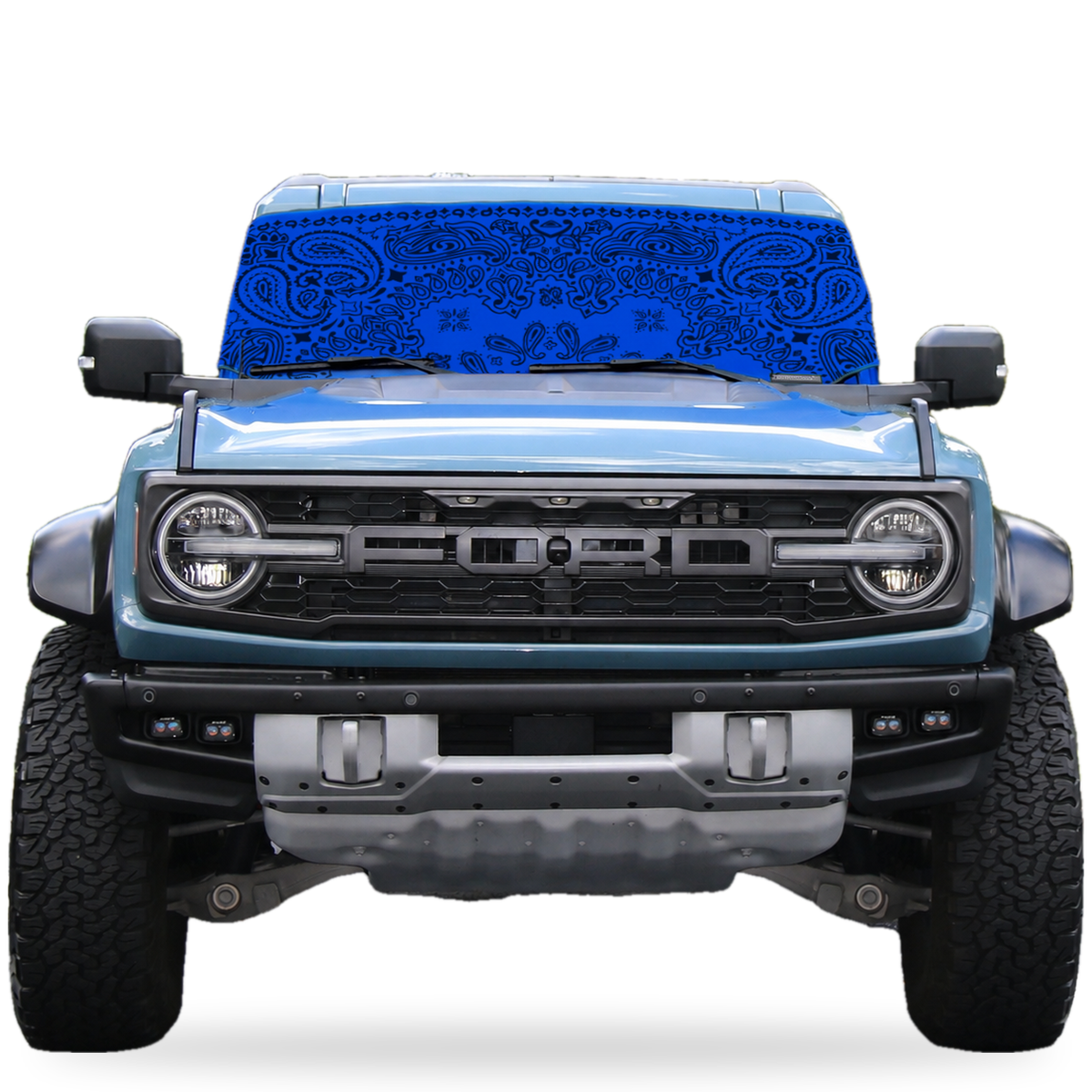 Ford Bronco front view with blue bandana print Solar Shield on windshield | Spider Web Shade