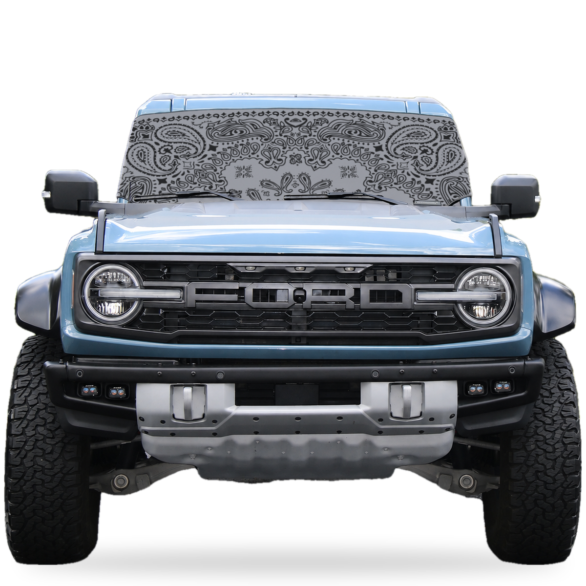 Ford Bronco front view with gray bandana print Solar Shield on windshield | Spider Web Shade
