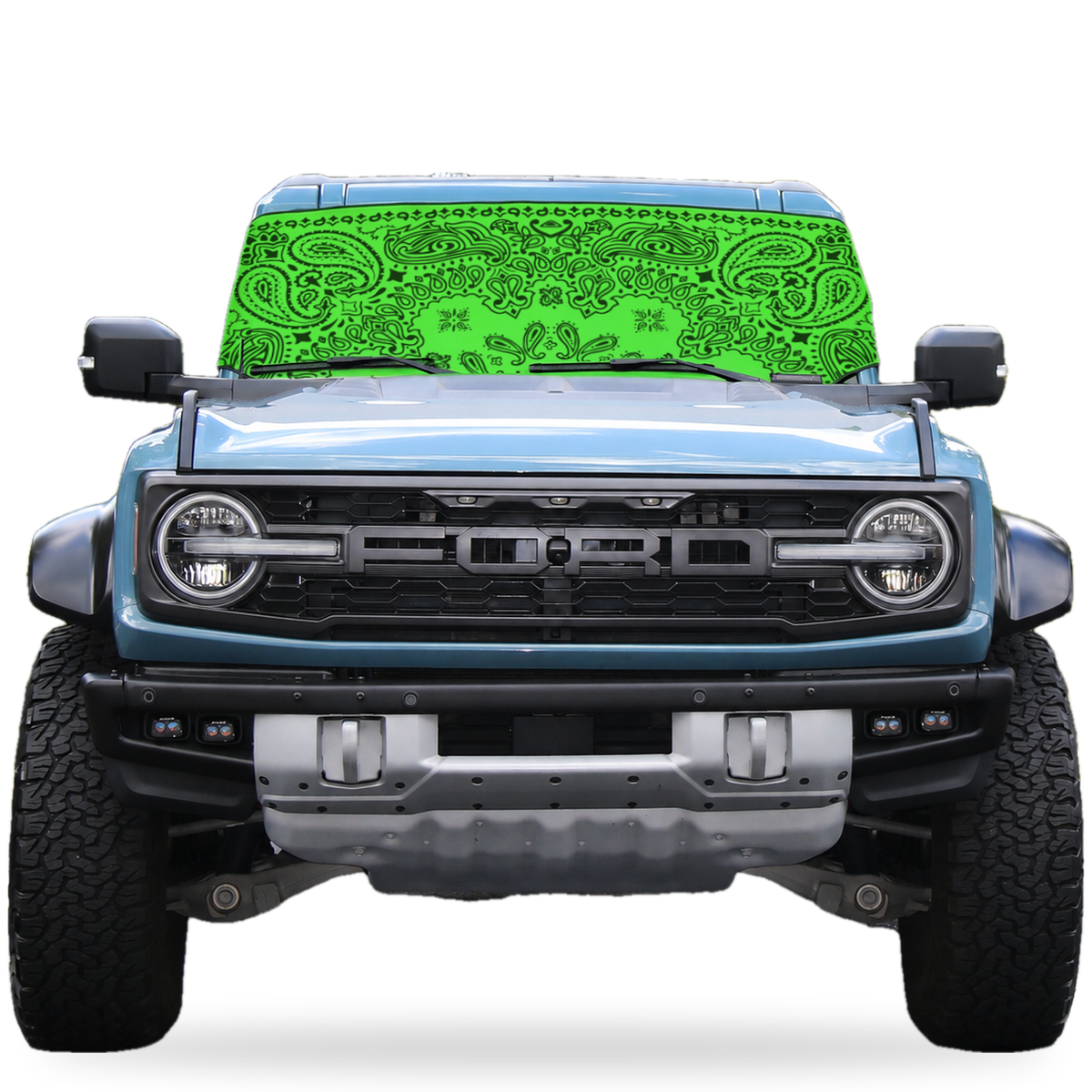 Ford Bronco front view with lime green bandana print Solar Shield on windshield | Spider Web Shade