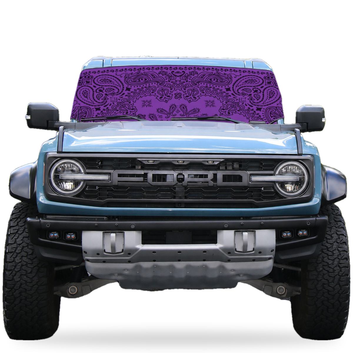 Ford Bronco front view with purple bandana print Solar Shield on windshield | Spider Web Shade
