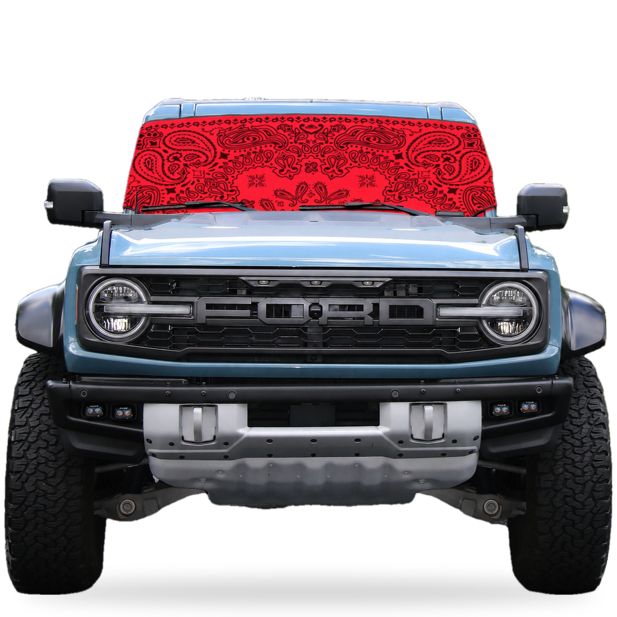 Ford Bronco front view with red bandana print Solar Shield on windshield | Spider Web Shade