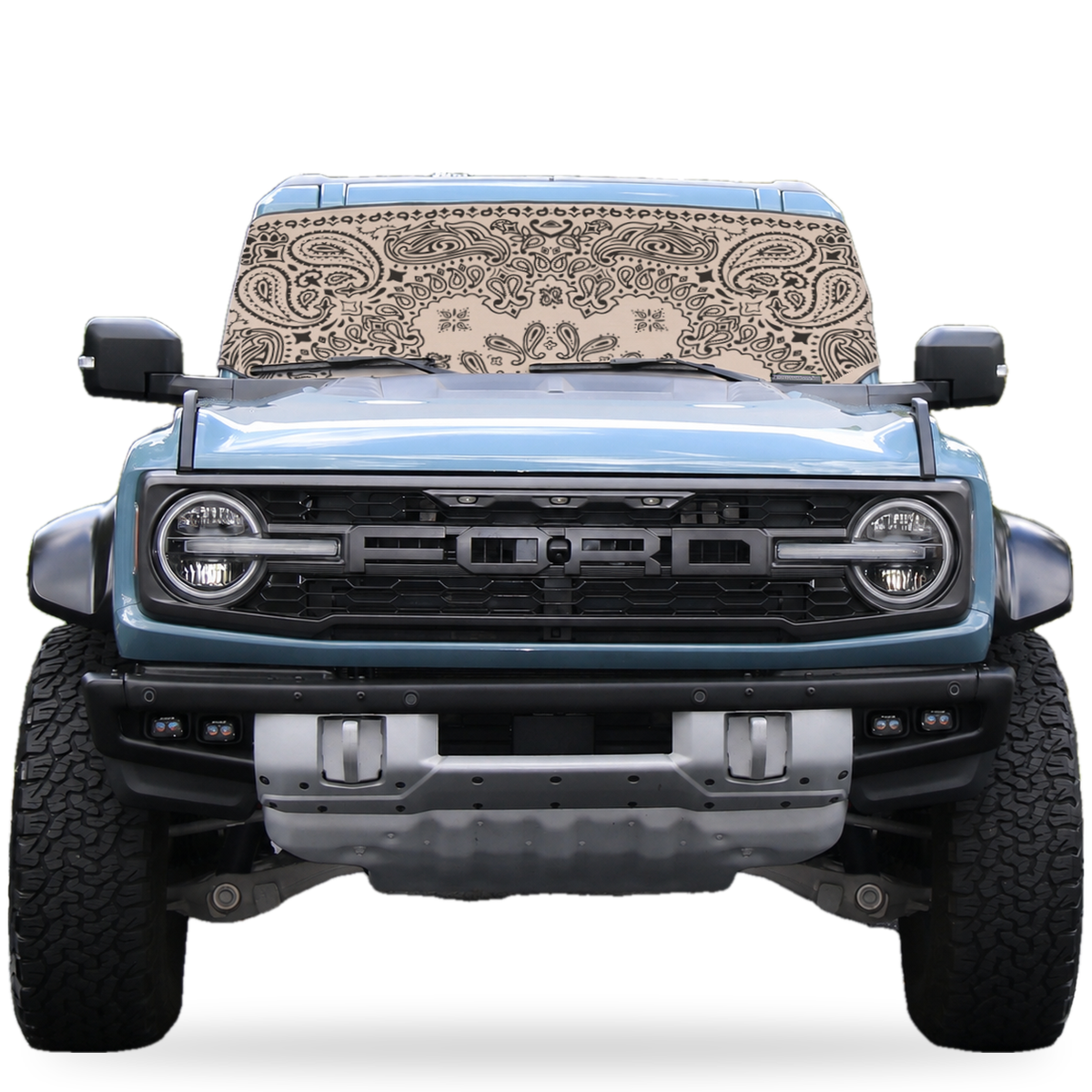Ford Bronco front view with tan bandana print Solar Shield on windshield | Spider Web Shade