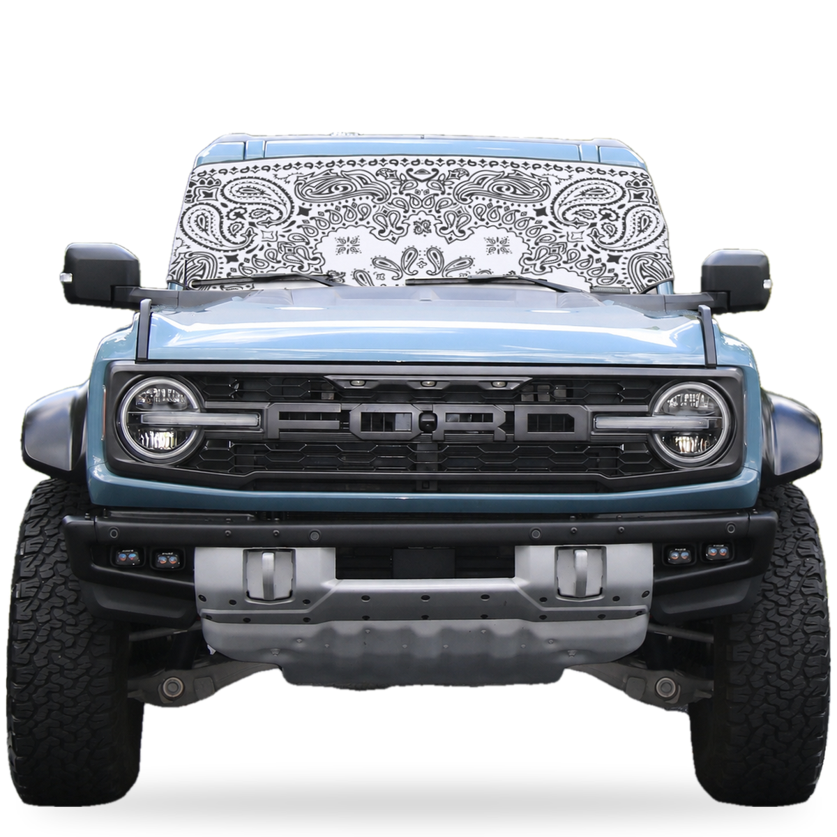 Ford Bronco front view with white bandana print Solar Shield on windshield | Spider Web Shade