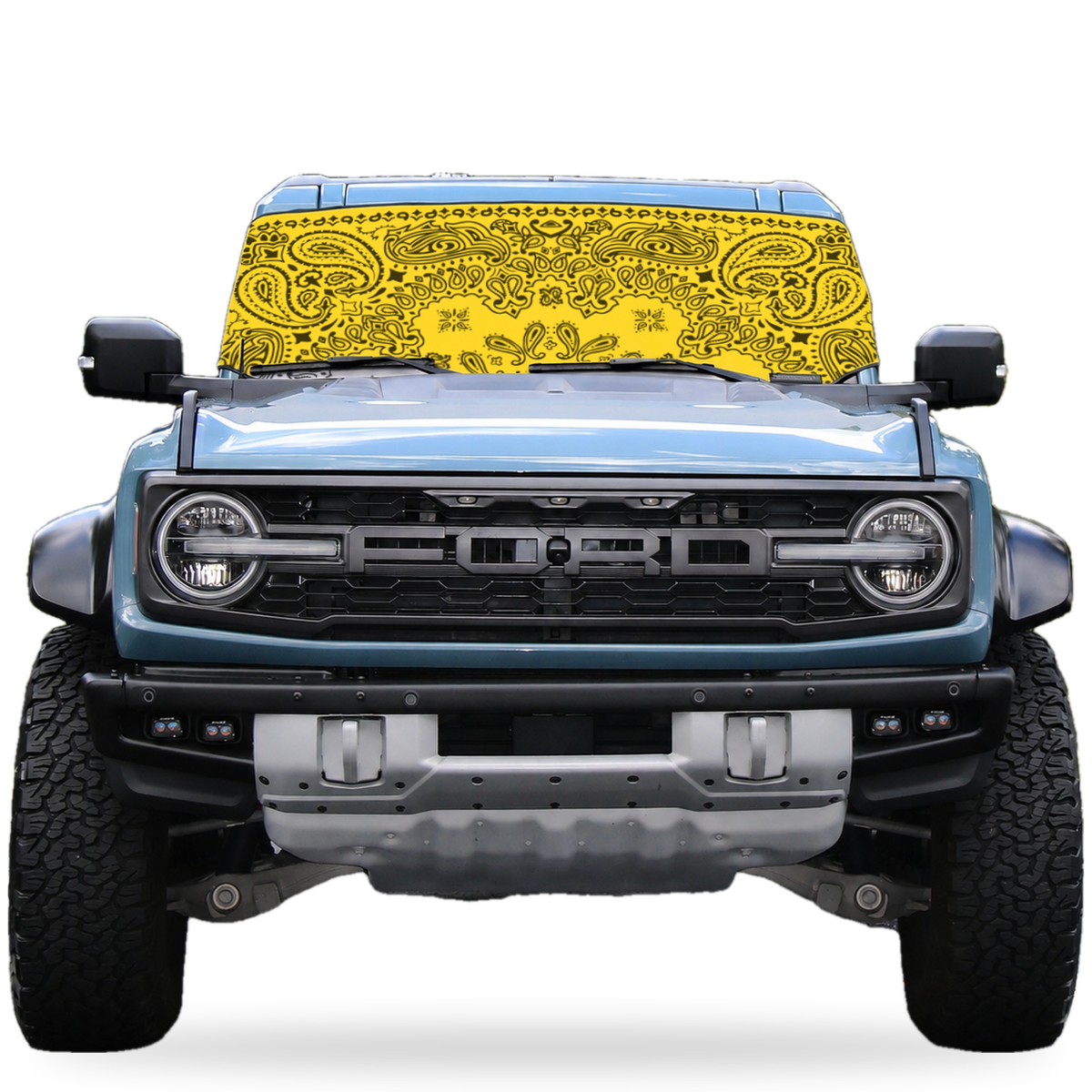 Ford Bronco front view with yellow bandana print Solar Shield on windshield | Spider Web Shade