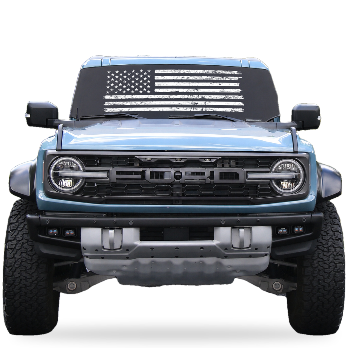 Ford Bronco front view with black distressed American flag Solar Shield on windshield | Spider Web Shade