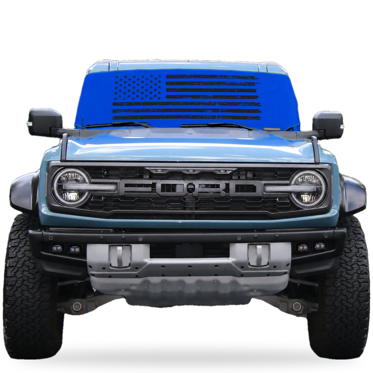 Ford Bronco front view with blue distressed American flag Solar Shield on windshield | Spider Web Shade