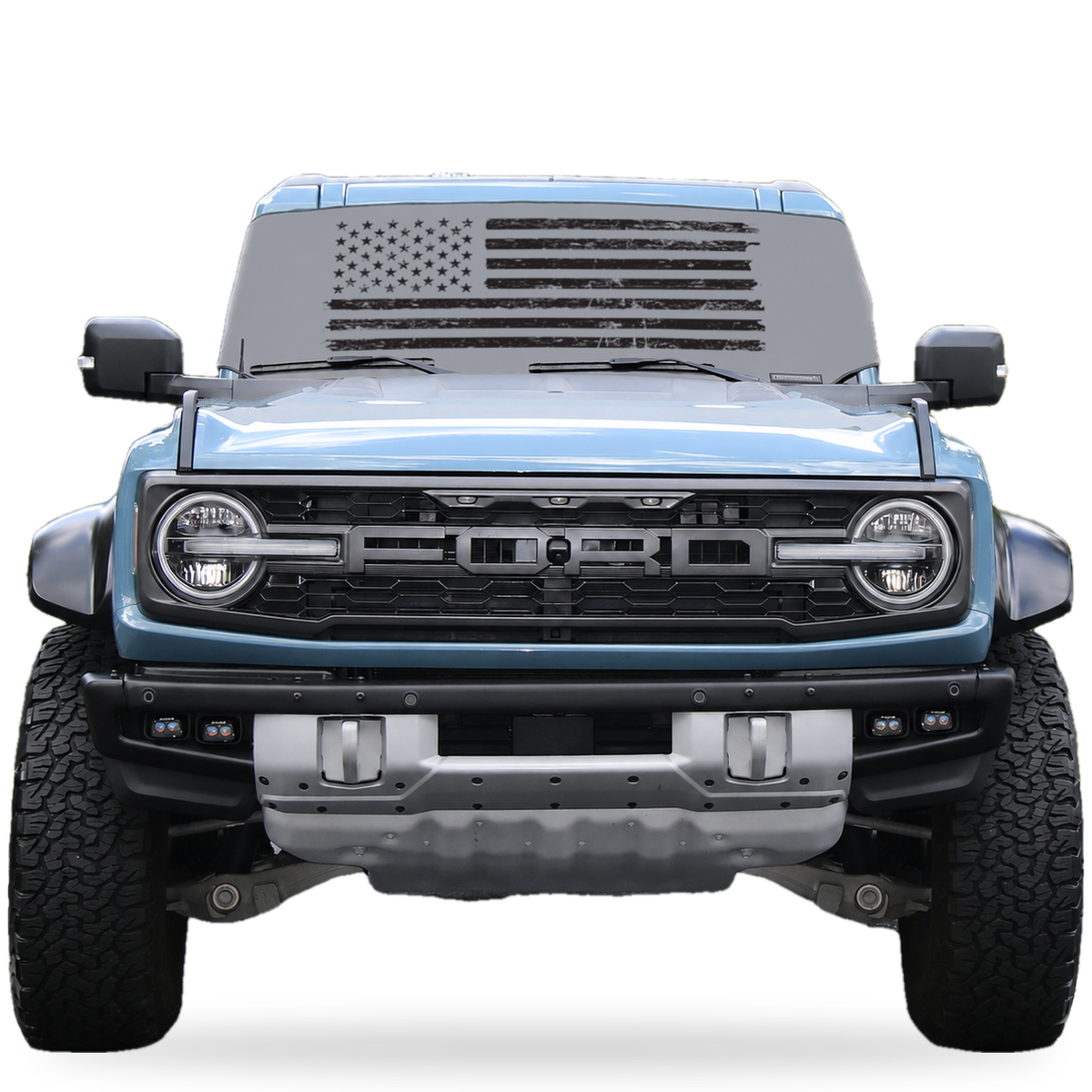 Ford Bronco front view with gray distressed American flag Solar Shield on windshield | Spider Web Shade