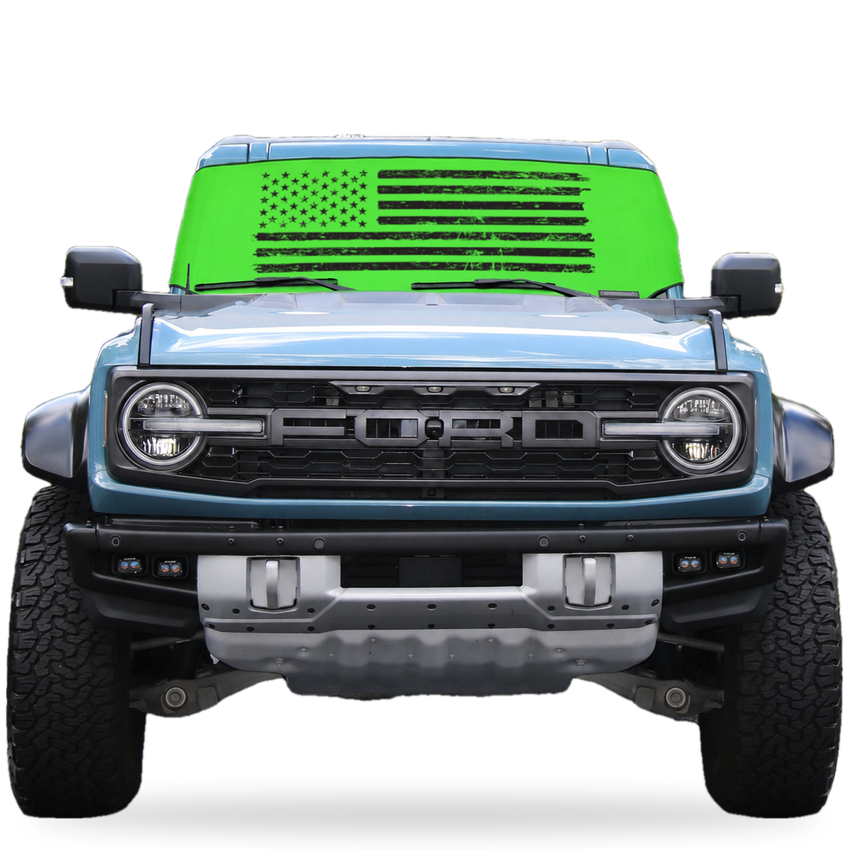 Ford Bronco front view with lime green distressed American flag Solar Shield on windshield | Spider Web Shade