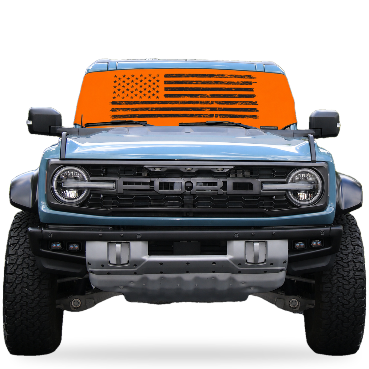 Ford Bronco front view with orange distressed American flag Solar Shield on windshield | Spider Web Shade