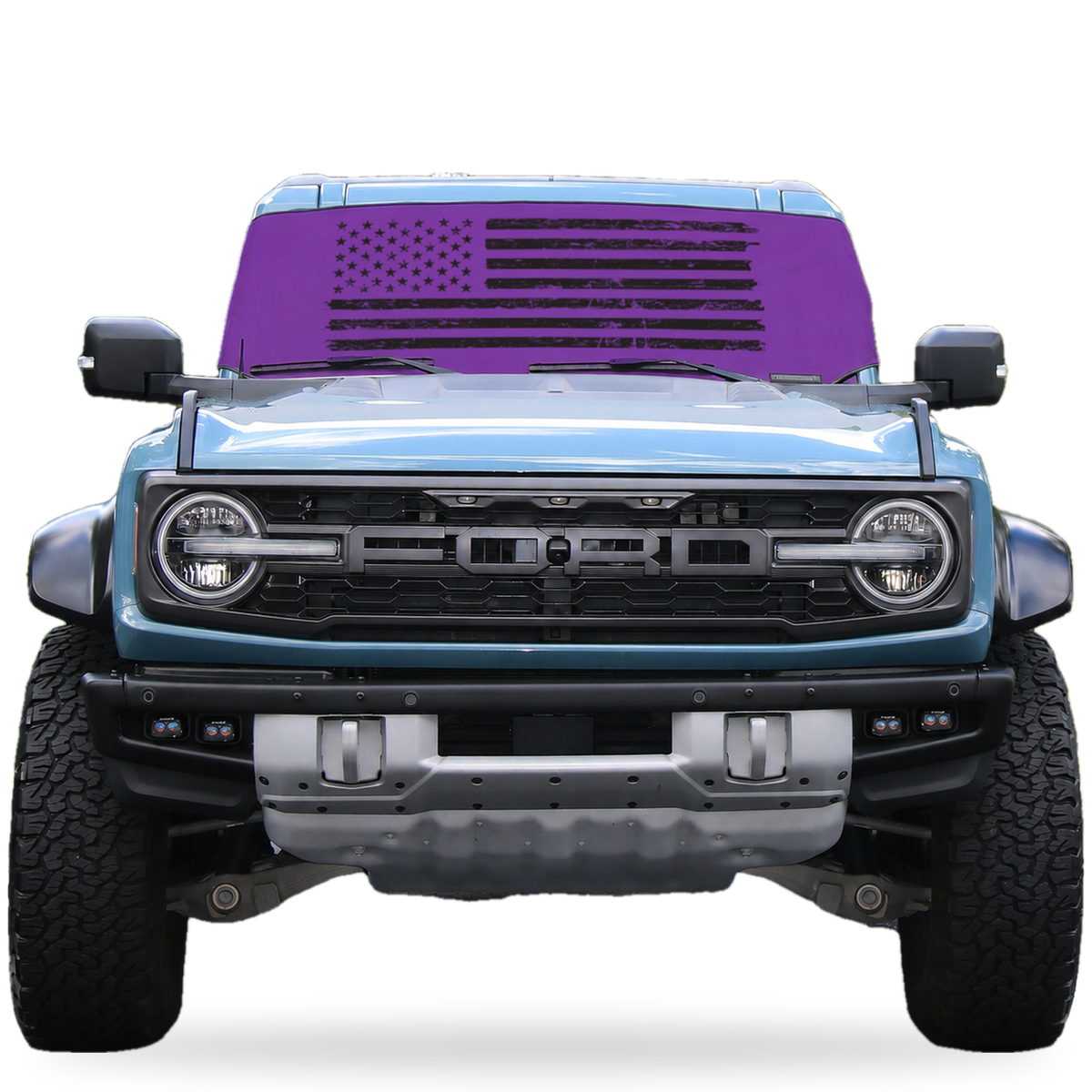 Ford Bronco front view with purple distressed American flag Solar Shield on windshield | Spider Web Shade