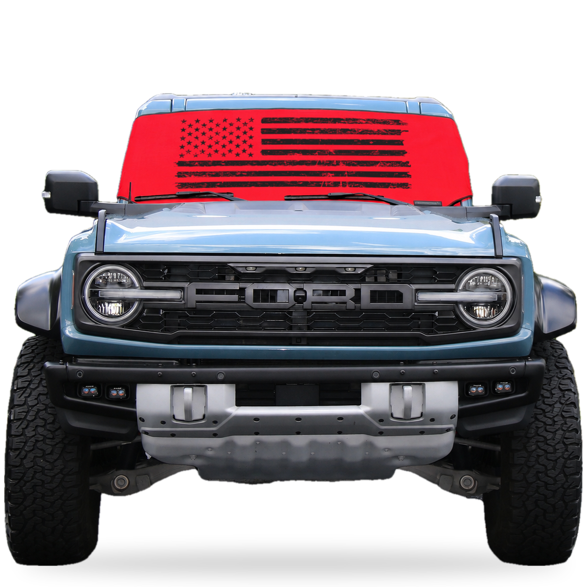 Ford Bronco front view with red distressed American flag Solar Shield on windshield | Spider Web Shade