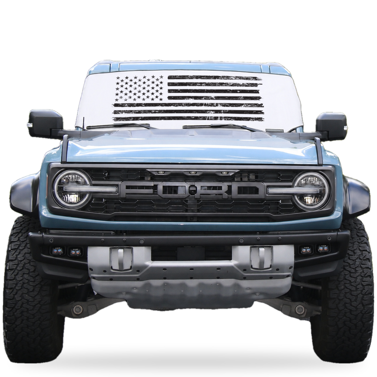 Ford Bronco front view with white distressed American flag Solar Shield on windshield | Spider Web Shade