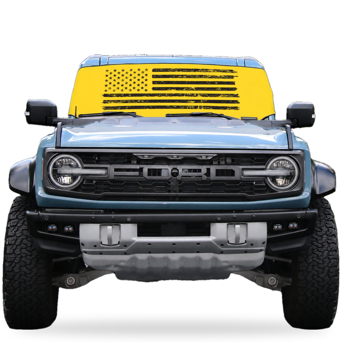 Ford Bronco front view with yellow distressed American flag Solar Shield on windshield | Spider Web Shade