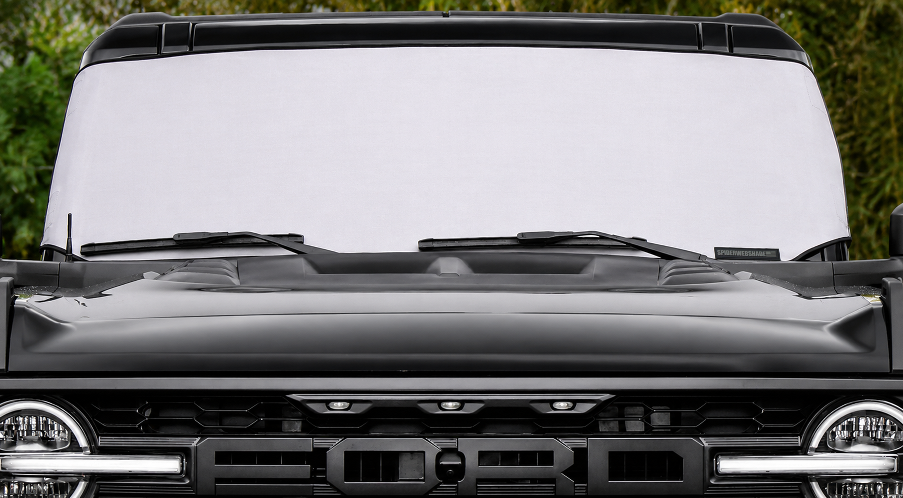 Ford Bronco front view with silver Solar Shield on windshield | Spider Web Shade