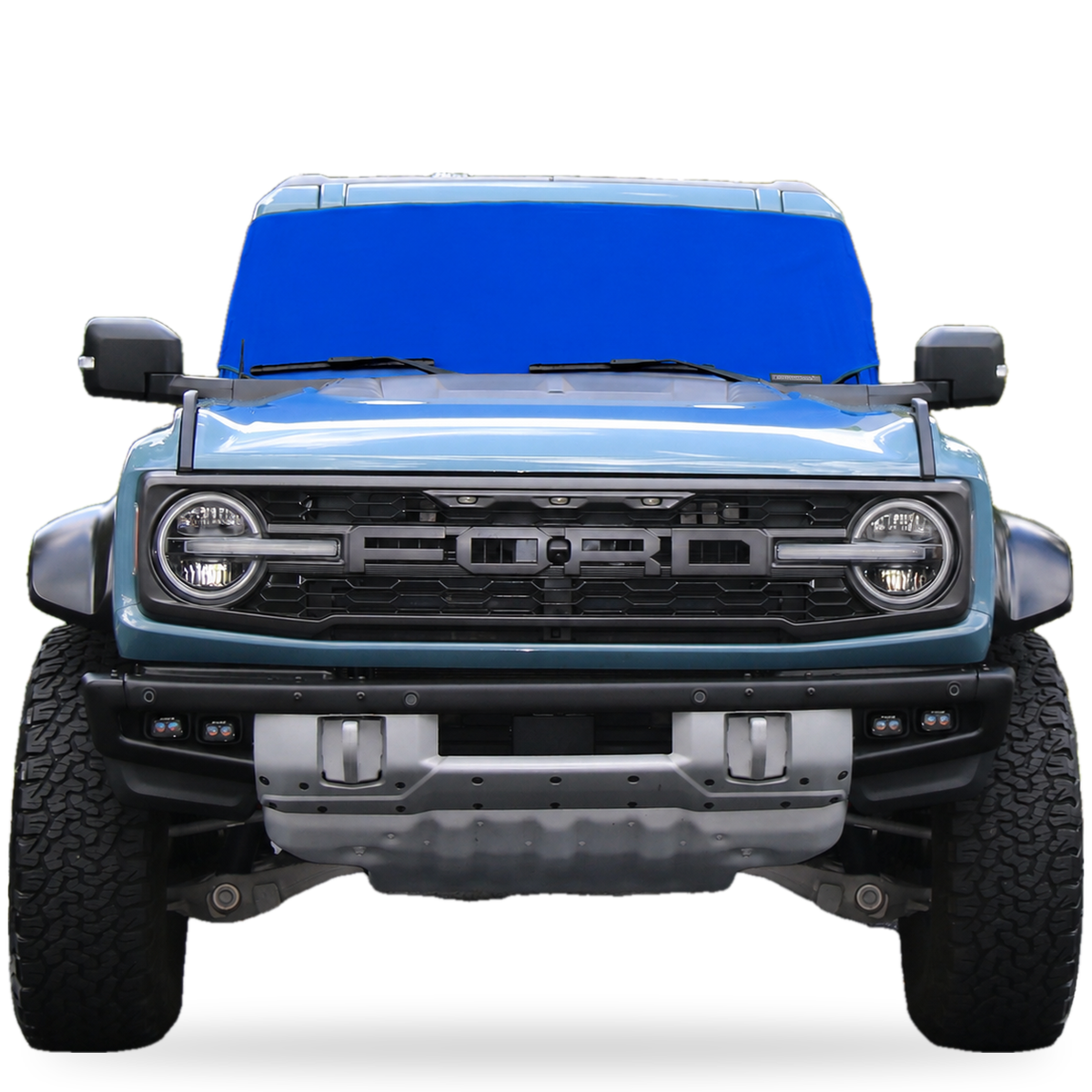 Blue Spider Web Shade Solar Shield on Ford Bronco windshield, front view, custom fit Ford Bronco 2021-2027 sun shade