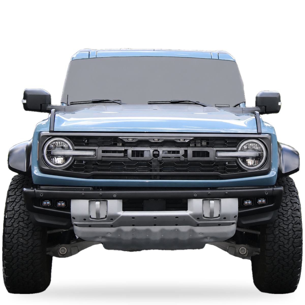 Gray Spider Web Shade Solar Shield on Ford Bronco windshield, front view, custom fit Ford Bronco 2021-2027 sun shade