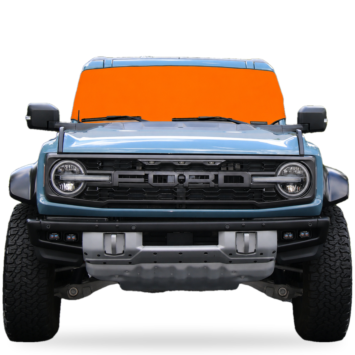 Orange Spider Web Shade Solar Shield on Ford Bronco windshield, front view, custom fit Ford Bronco 2021-2027 sun shade