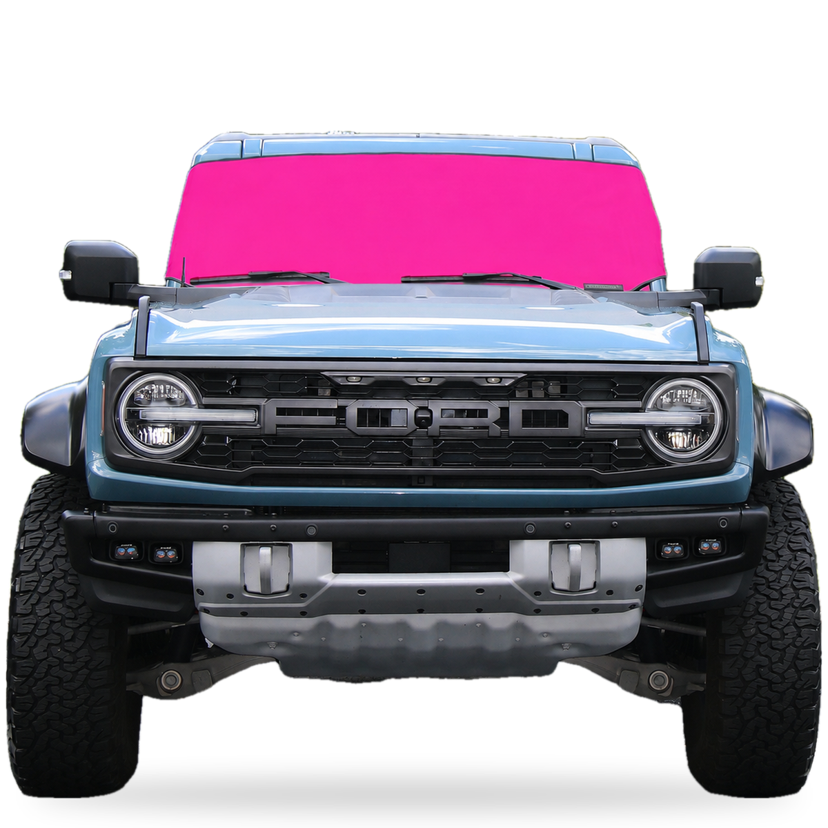 Pink Spider Web Shade Solar Shield on Ford Bronco windshield, front view, custom fit Ford Bronco 2021-2027 sun shade