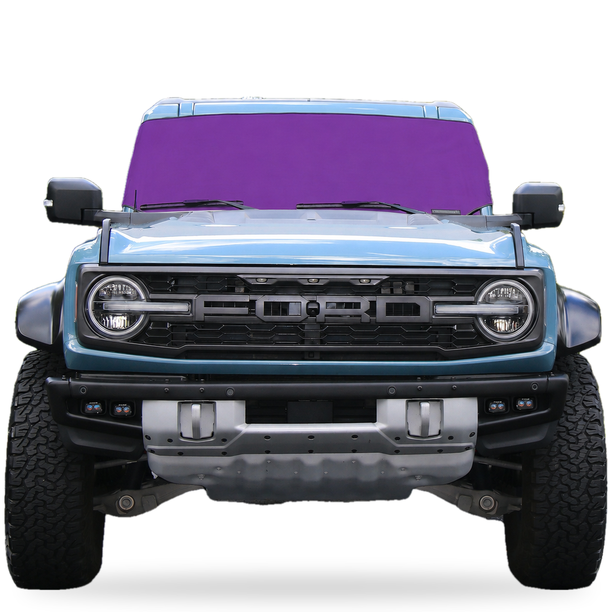 Purple Spider Web Shade Solar Shield on Ford Bronco windshield, front view, custom fit Ford Bronco 2021-2027 sun shade