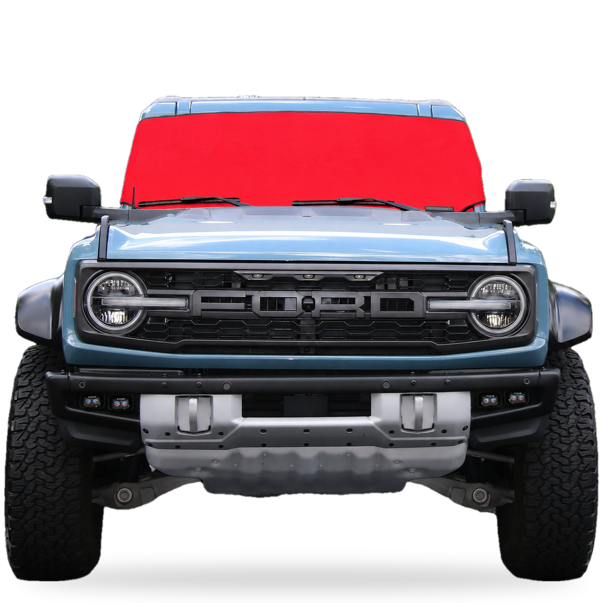 Red Spider Web Shade Solar Shield on Ford Bronco windshield, front view, custom fit Ford Bronco 2021-2027 sun shade