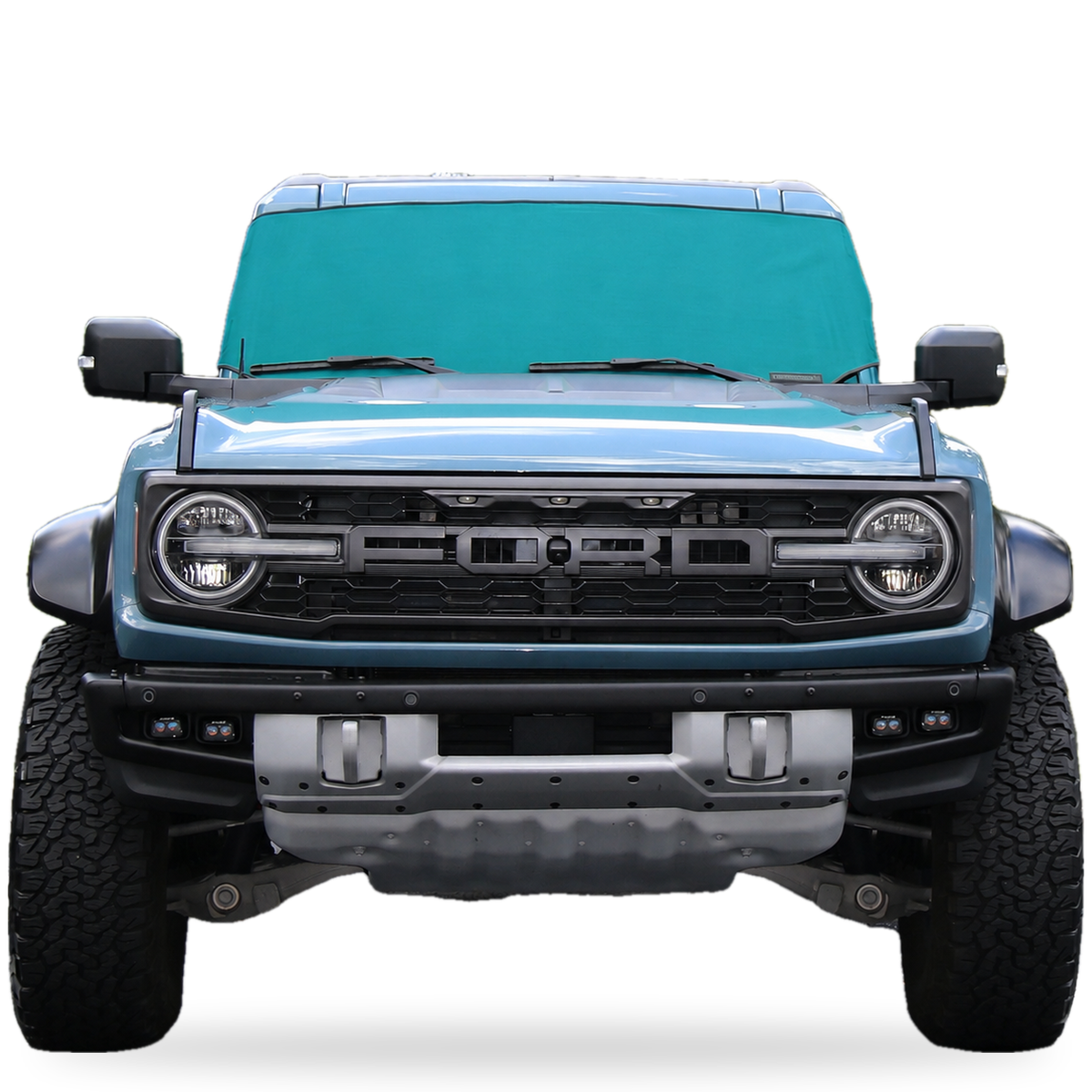 Teal Spider Web Shade Solar Shield on Ford Bronco windshield, front view, custom fit Ford Bronco 2021-2027 sun shade