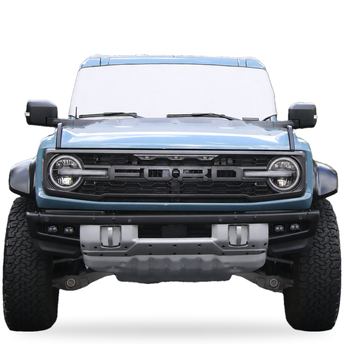 White Spider Web Shade Solar Shield on Ford Bronco windshield, front view, custom fit Ford Bronco 2021-2027 sun shade