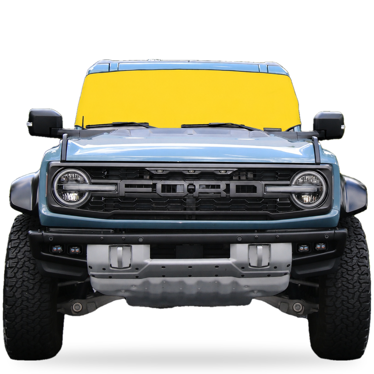 Yellow Spider Web Shade Solar Shield on Ford Bronco windshield, front view, custom fit Ford Bronco 2021-2027 sun shade