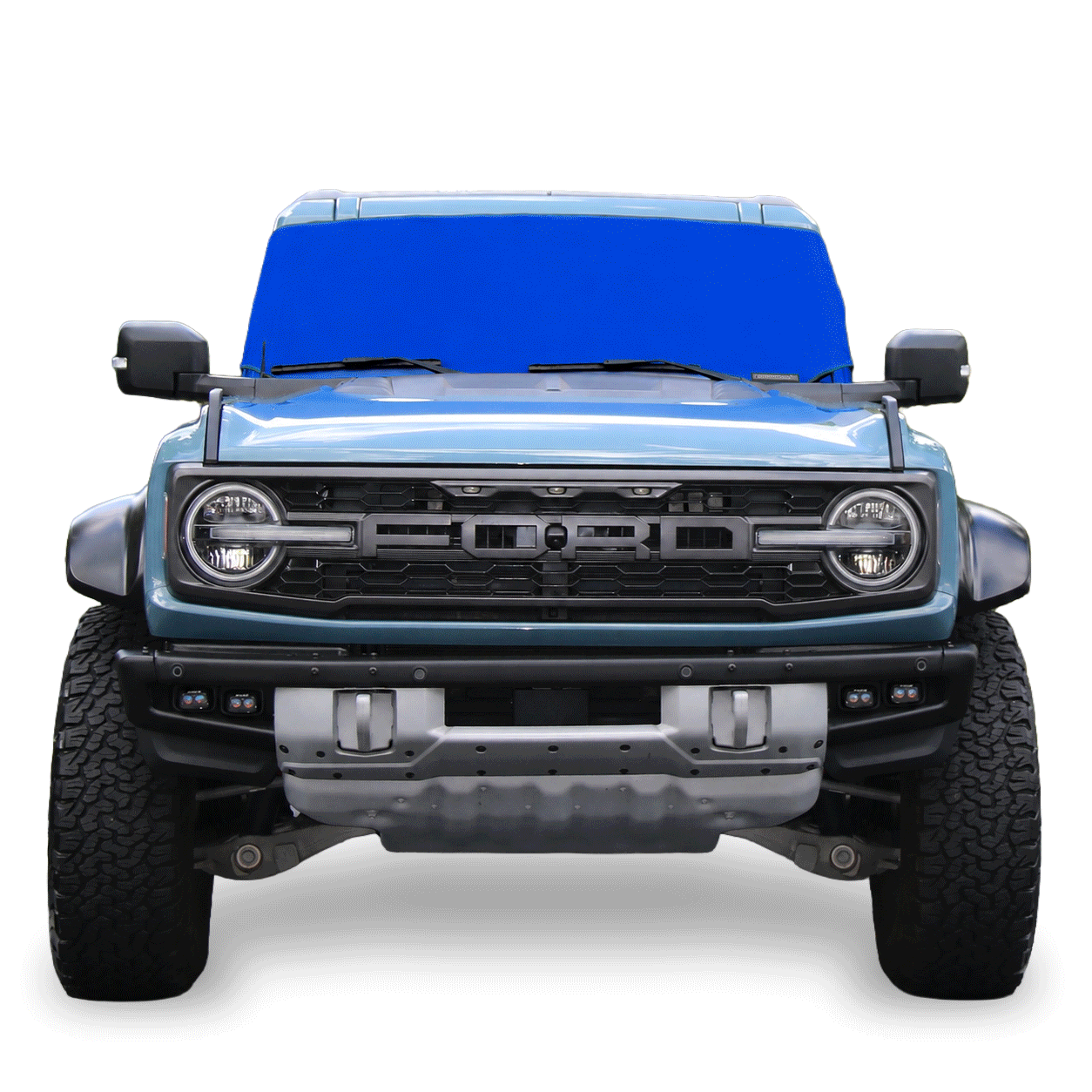 Ford Bronco front view with blue Solar Shield on windshield | Spider Web Shade